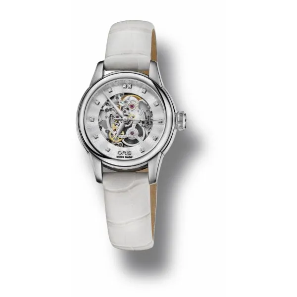 Oris Artelier Skelton Diamonds with Ladies White Leather strap and